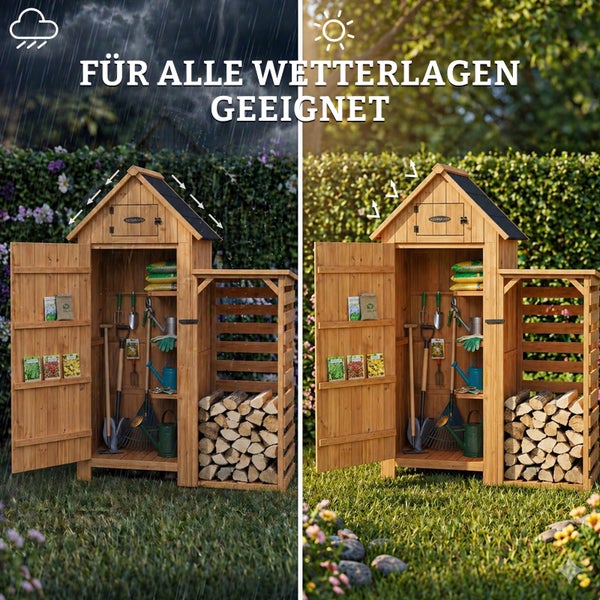 1e1e2b2b-65ee-4aa2-be7f-ba5f8804ace7.jpg HOMAVO Gerätehaus Holz mit Kaminholzregal & UV-Schutz Pultdach, Gartenhaus Holz mit Boden, 131 × 54.3 × 179 cm, Geräteschuppen für Garten, Terrasse, Hinterhof, Rasen – Bild 4