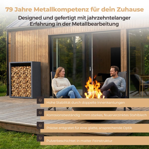 25ce0a9c-9782-4e80-aeb8-3569f64cbaff.jpg Kaminholzregal sortiQ Metall Holzlager, 130 × 145 cm, Stahl feuerverzinkt und pulverbeschichtet, RAL7016, inkl. Stellfüße, korrosionsgeschützt und witterungsbeständig – Bild 4