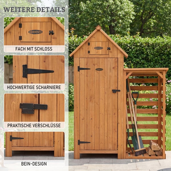 3dd559da-2a6b-4ff1-8d2a-87813bc62a30.jpg HOMAVO Gerätehaus Holz mit Kaminholzregal & UV-Schutz Pultdach, Gartenhaus Holz mit Boden, 131 × 54.3 × 179 cm, Geräteschuppen für Garten, Terrasse, Hinterhof, Rasen – Bild 3