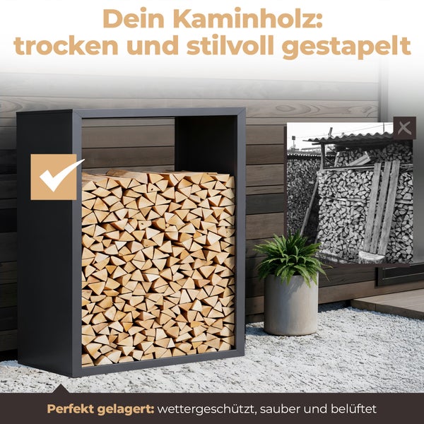 b1a4ba43-98d6-4bd0-8b2a-30f01535b062.jpg Kaminholzregal sortiQ Metall Holzlager, 130 × 145 cm, Stahl feuerverzinkt und pulverbeschichtet, RAL7016, inkl. Stellfüße, korrosionsgeschützt und witterungsbeständig – Bild 2