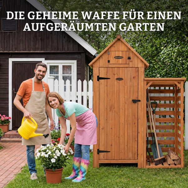 b1bdd9e8-43bf-4fb7-9df4-67b130e565ca.jpg HOMAVO Gerätehaus Holz mit Kaminholzregal & UV-Schutz Pultdach, Gartenhaus Holz mit Boden, 131 × 54.3 × 179 cm, Geräteschuppen für Garten, Terrasse, Hinterhof, Rasen – Bild 6
