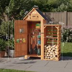 HOMAVO Gerätehaus Holz mit Kaminholzregal & UV-Schutz Pultdach, Gartenhaus Holz mit Boden, 131 × 54.3 × 179 cm, Geräteschuppen für Garten, Terrasse, Hinterhof, Rasen – Bild 7
