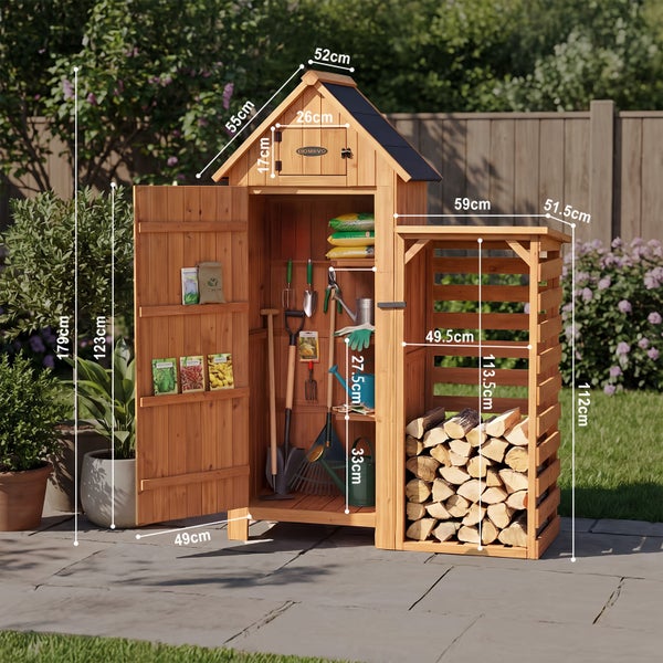 d70474bf-73b9-4e9b-b2d4-3f33923bd6e7.jpg HOMAVO Gerätehaus Holz mit Kaminholzregal & UV-Schutz Pultdach, Gartenhaus Holz mit Boden, 131 × 54.3 × 179 cm, Geräteschuppen für Garten, Terrasse, Hinterhof, Rasen – Bild 7