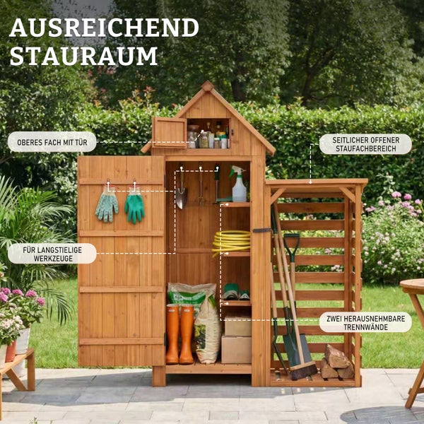 f0547772-4388-44dc-a19f-830d5f58afde.jpg HOMAVO Gerätehaus Holz mit Kaminholzregal & UV-Schutz Pultdach, Gartenhaus Holz mit Boden, 131 × 54.3 × 179 cm, Geräteschuppen für Garten, Terrasse, Hinterhof, Rasen – Bild 2